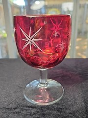 Bartlett Collins Etched Atomic Starburst Cranberry Red Thumbprint Glass Goblet.