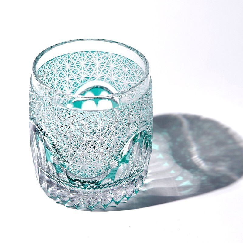 Whisky Glass Tumbler Japanese Style Edo Kiriko Glass Hand Cut To Clear 9oz Green
