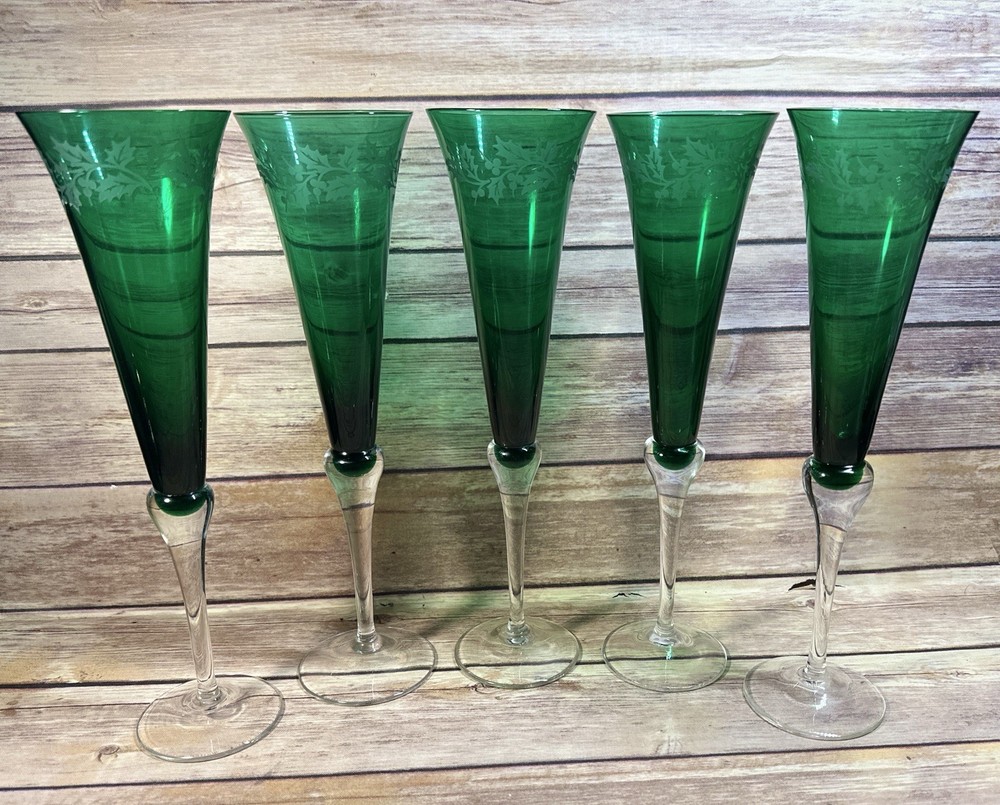 Set of 5 Lenox Holiday Gems Emerald Champagne Toasting Flutes Etched Holly