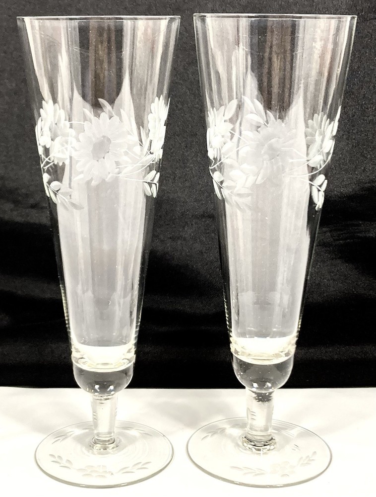 2 Vtg Gray Cut Floral Footed Laurel Leaf Beer Pilsner Champagne Glass 9″ Tall EX