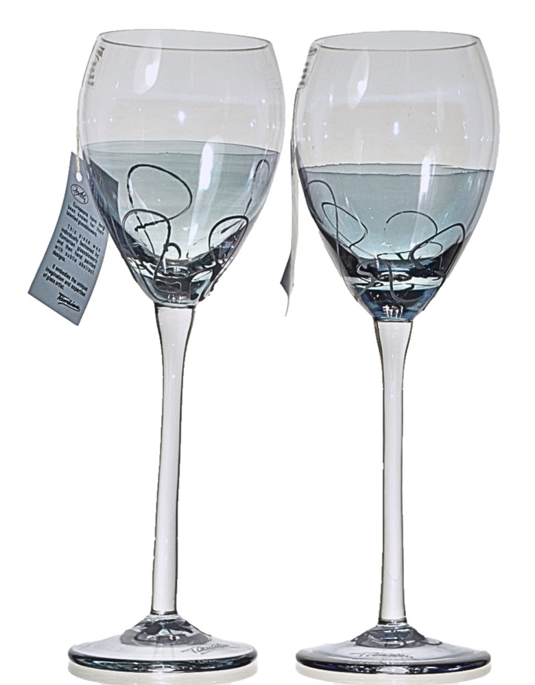 ION TAMAIAN Art Glass Wine Glass Blue Tint Set/2 Hand Painted Signed Romania New