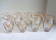 Lot Set 4 Libbey Flat Tumbler Drinking Glasses 8oz White Rose Gold Ribbon & Rim