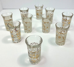 Shot Glasses Mid‑Century Gold Dove Set of 10, 1 1/2″ Rim, Vintage MCM Barware