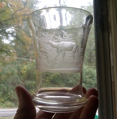 1841 DATED GERMAN CUT ENGRAVED GLASS DEER SCENE BEAKER DRINKING GLASS SCARCE