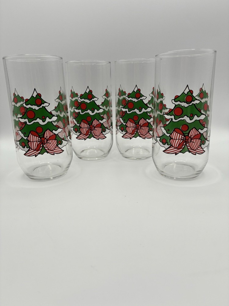 Christmas Tree Highball Glasses with Red and White Striped Bow by Luminarc (4)