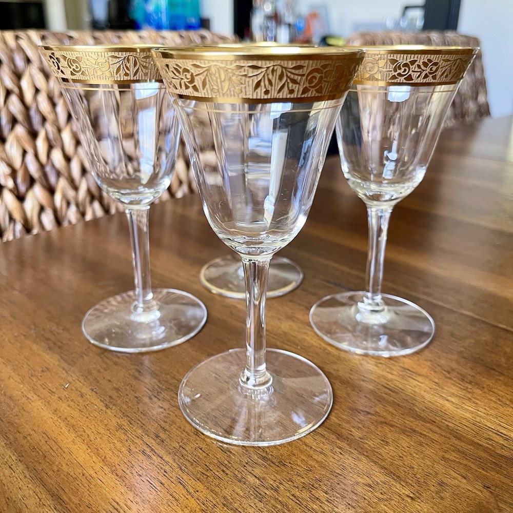 4 Tiffin-Franciscan Rambler Rose Crystal White Wine Glass Gold Rim-Free Shipping