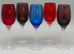 5 Blown Italian Art Wine Goblets Crystal Jewel Glasses CLEAR TWISTED STEM 8″