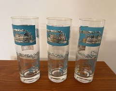 Set of 3 Libbey 7″ Mid Century Modern Gold Teal Riverboat Tumbler Glasses