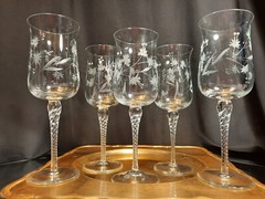 5 Twist Stem Handmade MCM Floral Cut Crystal Tulip Shape Glasses Goblets Set