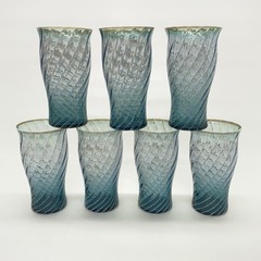 MCM Fostoria Glass Opalescent Swirl Blue Moss Green Homespun Glasses 14 oz 5.75″
