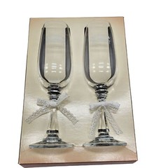 Vintage Heartline Happy Anniversary Toasting Glasses Lead Crystal Lace Ribbon