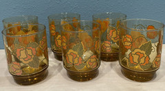 VTG Floral Tumbler Amber Harvest Pansy Glassware Set of 6 Signed Wm James 4 1/2″