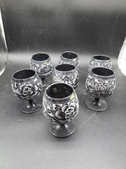 Vintage Black And White Etched Stoneware Goblets Taiwan