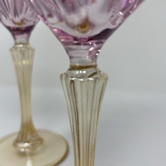 Pair of Italian Blown Glass Wine Goblets Pink Glass Bowl Gold Stem