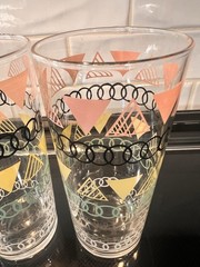 mcm geometric glasses, Pink, Yellow, Green Set Of 2 , 7” Tall