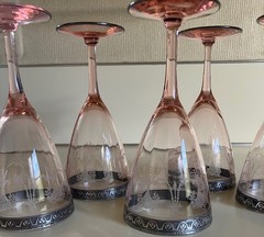 ANTIQUE RARE CAMBRIDGE GLASS 701 STERLING SILVER ENCRUSTED RIM PINK WINE STEMS