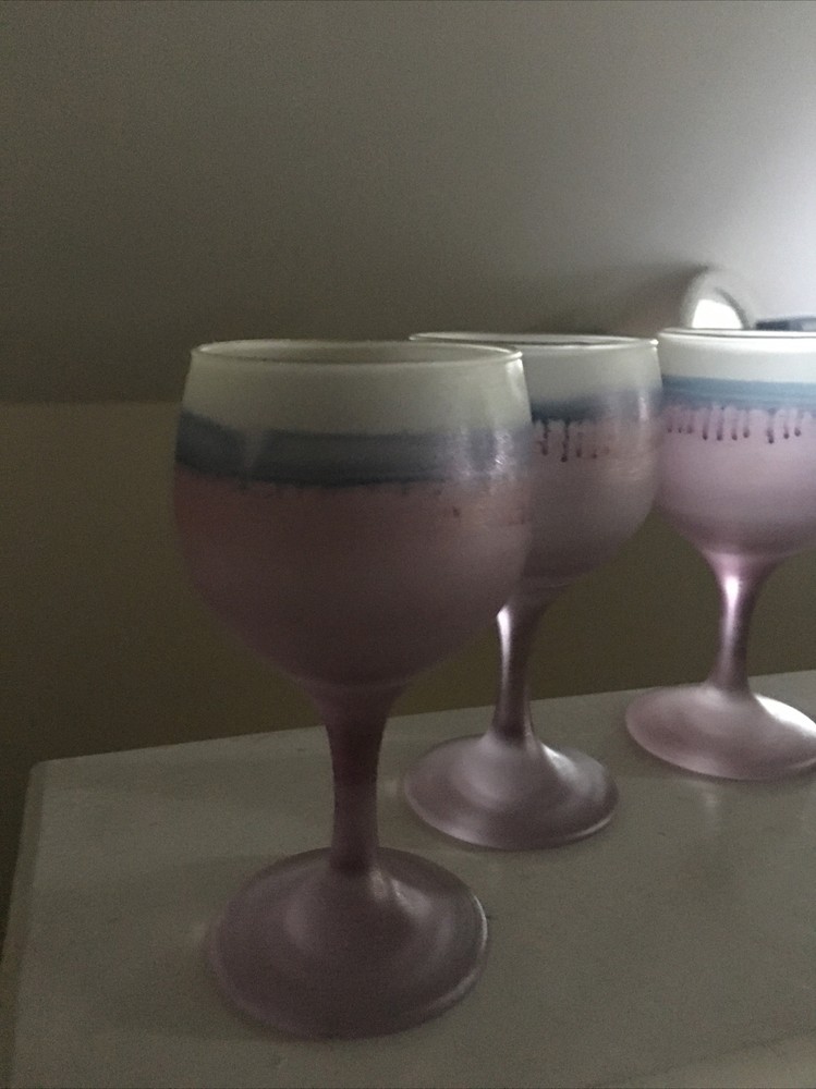 Vtge Frosted Hebron Glass Drip Purple Pedestal Hand Painted Wine/Cordial Set-4