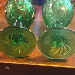 Unmarked Set of 2 Green Pressed Glass Stemmed Goblet Wine Glasses
