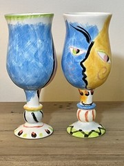 casa bella by ganz wine water goblet glasses abstract Faces hand painted Pair