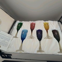 Vintage FABERGE Crystal Colored Champagne Flutes Set Of 6 Blue Velvet Case