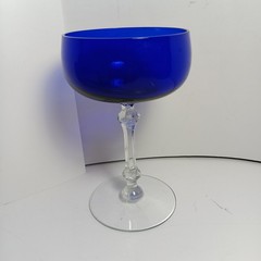 Cobalt Blue Clear Stem Set of 2 Champagne Coupe Glasses and Fluted Vase Accent