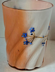 Antique Satin Glass Tumbler Peach Blow Style Hand Painted Enamel Floral Gilt Blu