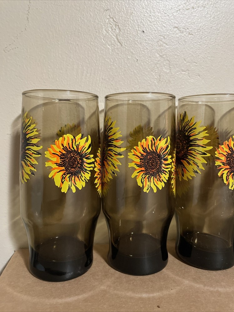 6 Libbey Smokey Sunflower 6.5” Glasses Vintage
