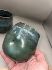 Pair of 2 Hand Thrown Studio Pottery Thumb Cups Teal Ceramic Dimple Tumbler