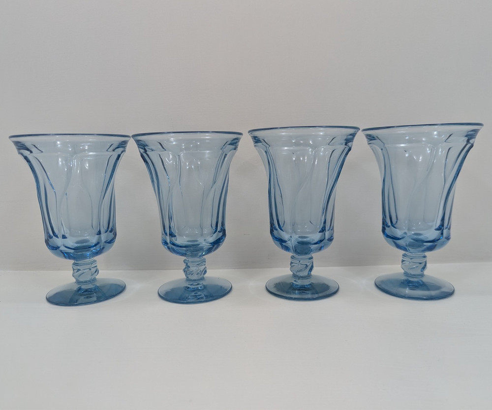 4 Fostoria Jamestown 10 oz Blue Tea Water Goblets Swirl MCM Ice Cream Sundae