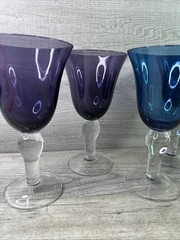 Lot Of 6 Handblown 8” Art Glass Wine Water Stemware 2-Purple 2-Green 2-Blue
