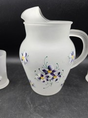 Frosted Glass Hand Painted Juice Pitcher And Glasses Purple Flowers Vintage