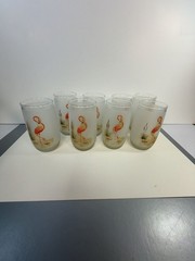 Vintage Frosted Glass Flamingo Tumbler Drinking Glasses, Set of 8