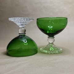 2 Anchor Hocking Bubble Foot Green Champagne Sherbet Glasses Set Vintage