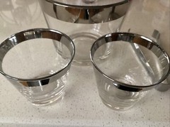 Silver Rimmed Glasses (2) with Ice Bucket and Stainless Steel Thongs Vintage