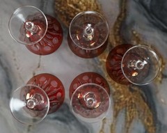 5 Vintage Cristallerie Artistiche Cut to Clear Cranberry Italian Wine Goblets