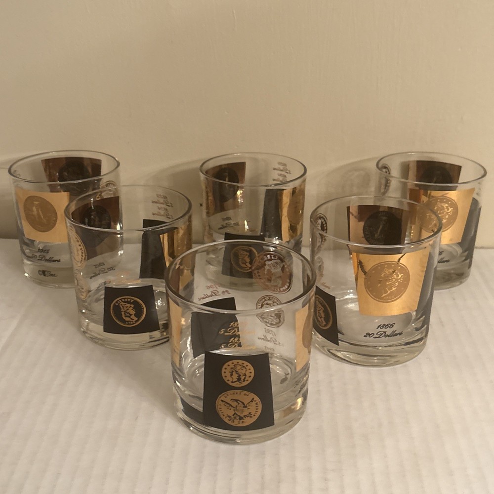 VTG 1960s Barware Libby 22k Gold Cera Coin Lowball Glasses Set of 6