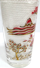 Vintage Hazel Atlas Glass Tumblers SET OF 7 Asian Garden Scene Red Gold 5 1/8″ T