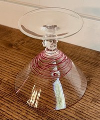 H.C. Fry Art Deco Cranberry Threaded Champagne or Martini Glass-C. 1925