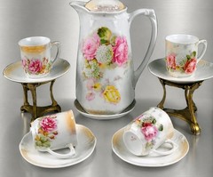 Antique Chocolate/Coffee Pot & 4 Espresso Cup/Saucer Set Floral, Hand painted