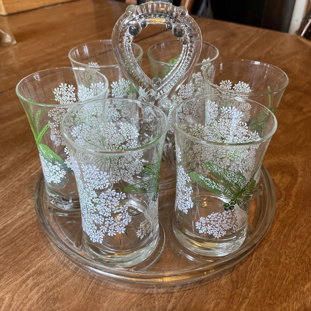 6 Vintage Juice Glasses Dragonfly Queen Anne’s Lace On Glass Holder Carrier