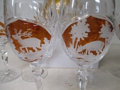 Poland Crystal Wine Decanter & Stemware Wine Glasses – Hunting & Wildlife Scenes