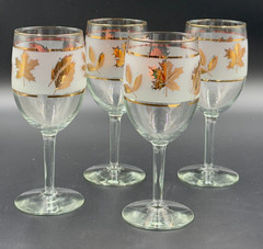 Vintage Libbey Frosted Gold Leaf Stemmed Water Goblets 7″ – 8 oz – Set of 4