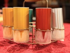 Retro Vintage 60-70s Aluminum/Ceramic MCM 8 Piece Tumbler Set w/Carrier Ex Cond