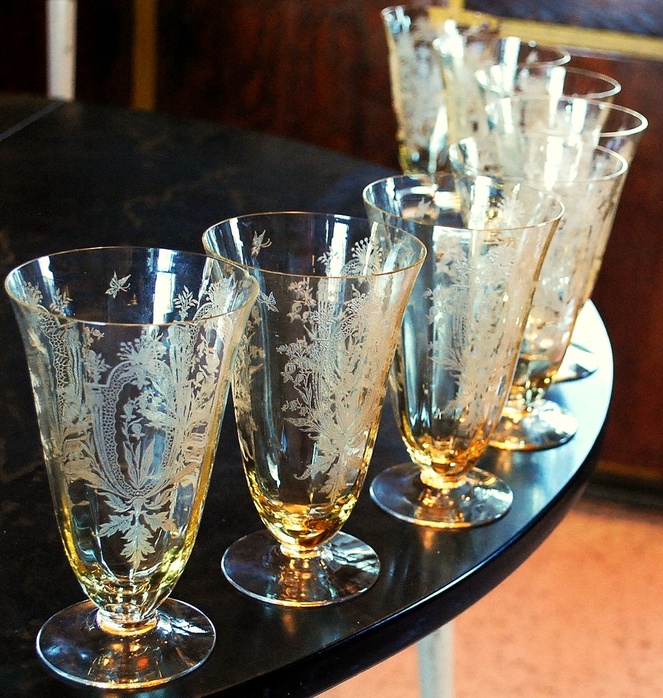 Vtg Set 8 LA FLEURE YELLOW 5 7/8″ Etched Deco ICED TEA Glasses TIFFIN FRANCISCAN