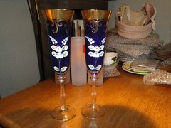 2 Cobalt Helmova Crystal, Enamel Design Made Bohemia Champagne Flutes 9.75″ Tall