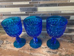 3 Fenton Colonial Blue Thumbprint Footed Goblets USA