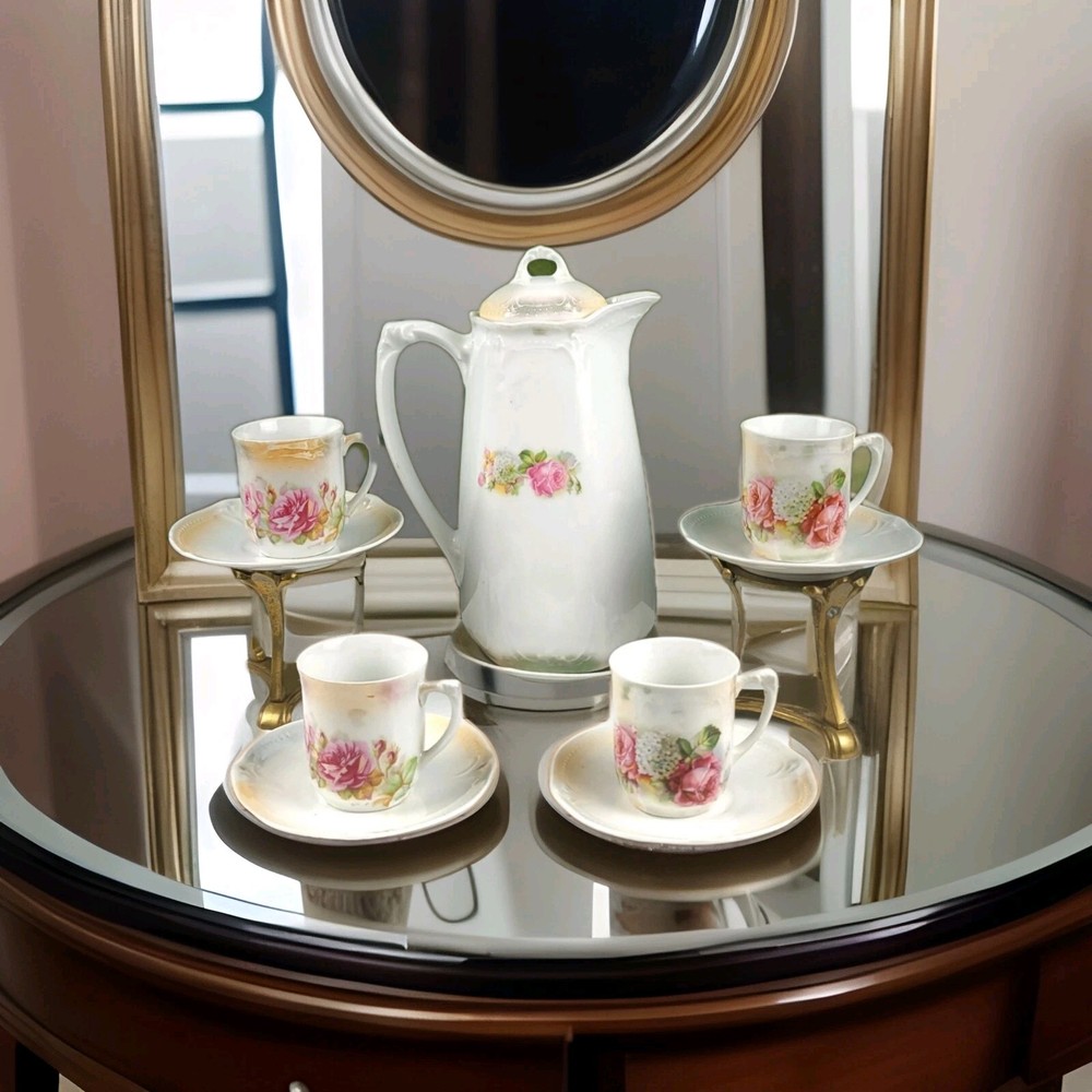 Antique Chocolate/Coffee Pot & 4 Espresso Cup/Saucer Set Floral, Hand painted