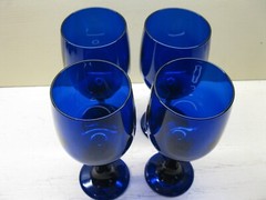 Vintage Libbey Glass Premiere Cobalt Blue (4) Water Goblets Tulip Shaped 7 1/4″