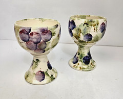 Studio Art Pottery Wine Goblet Chalice Cup Grape & Leaf Hand Painted Set of 2