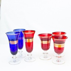 Set of 3 Interglass Italy Ruby Red or Blue Glasses 24 KT Gold Trim Wine Goblet